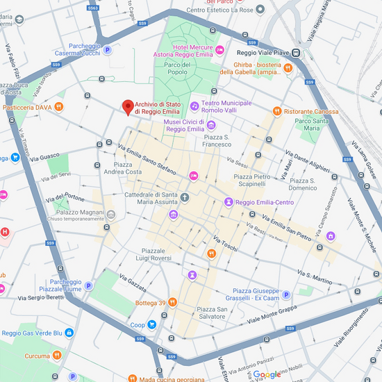 Google Maps: mappa del centro di Reggio Emilia con la posizione dell'Archivio