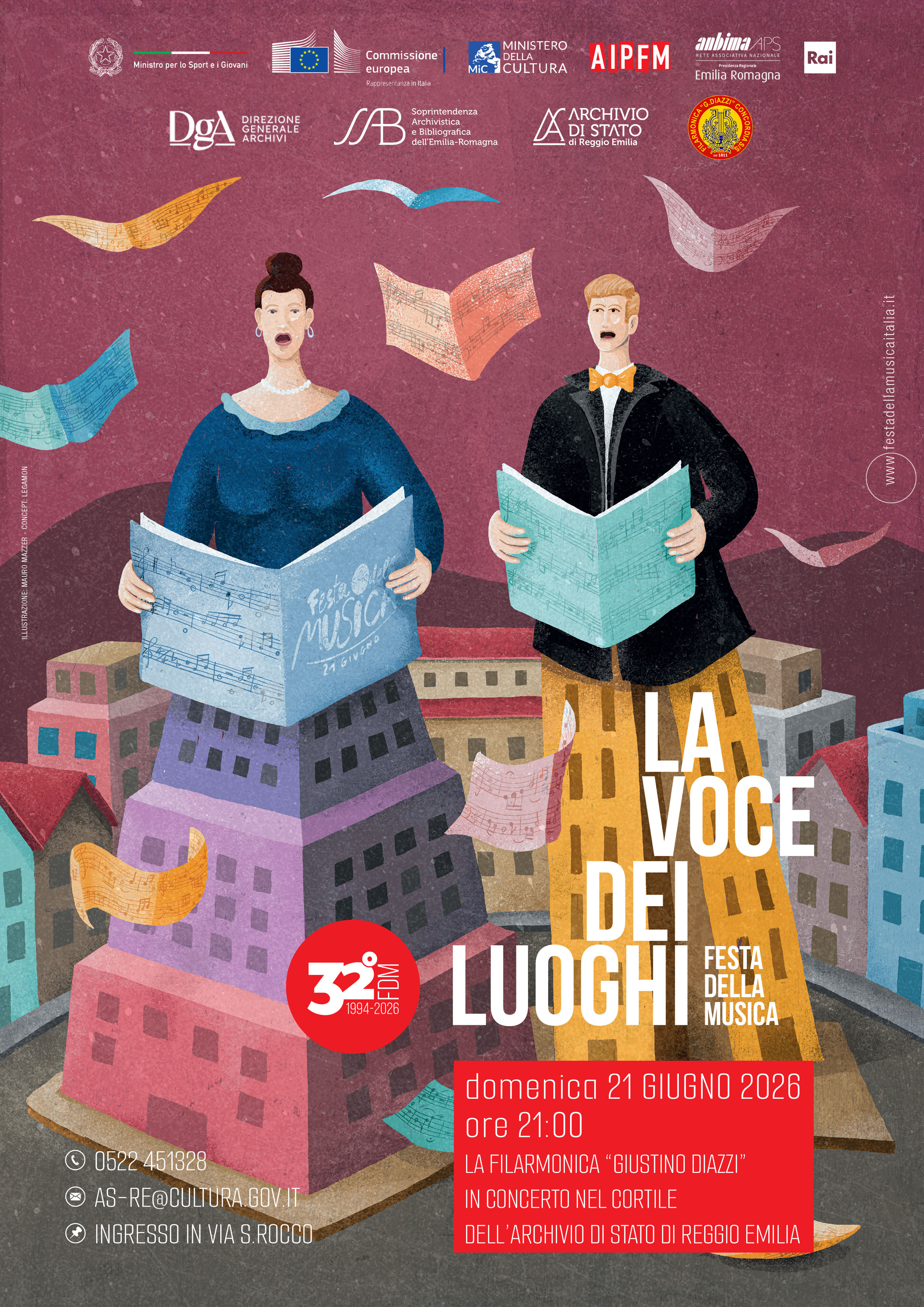 Locandina festa della musica. 21 giugno 2026 ore 21:00 presso l'Archivio di Stato di Reggio Emilia. Filarmonica G. Diazzi in concerto